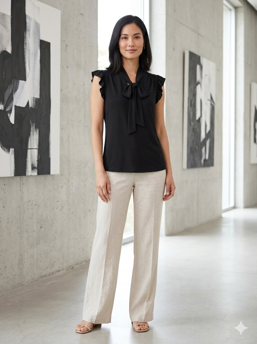 CALVIN KLEIN Black Tie-Neck Ruffle Sleeve Women's Top. Size S - Picture 1 of 10